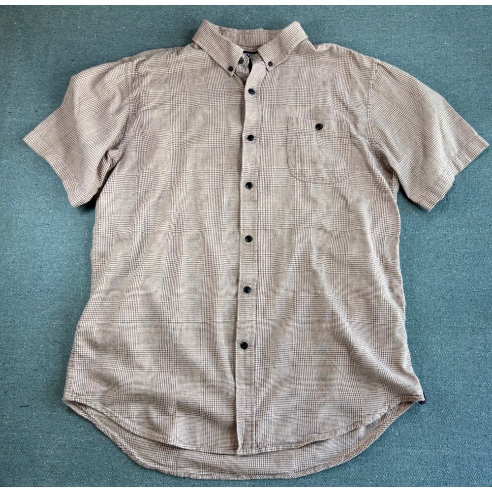Ezekiel Mens XL Short Sleeve Button Down Shirt Tan Black Plaid Pocket XL